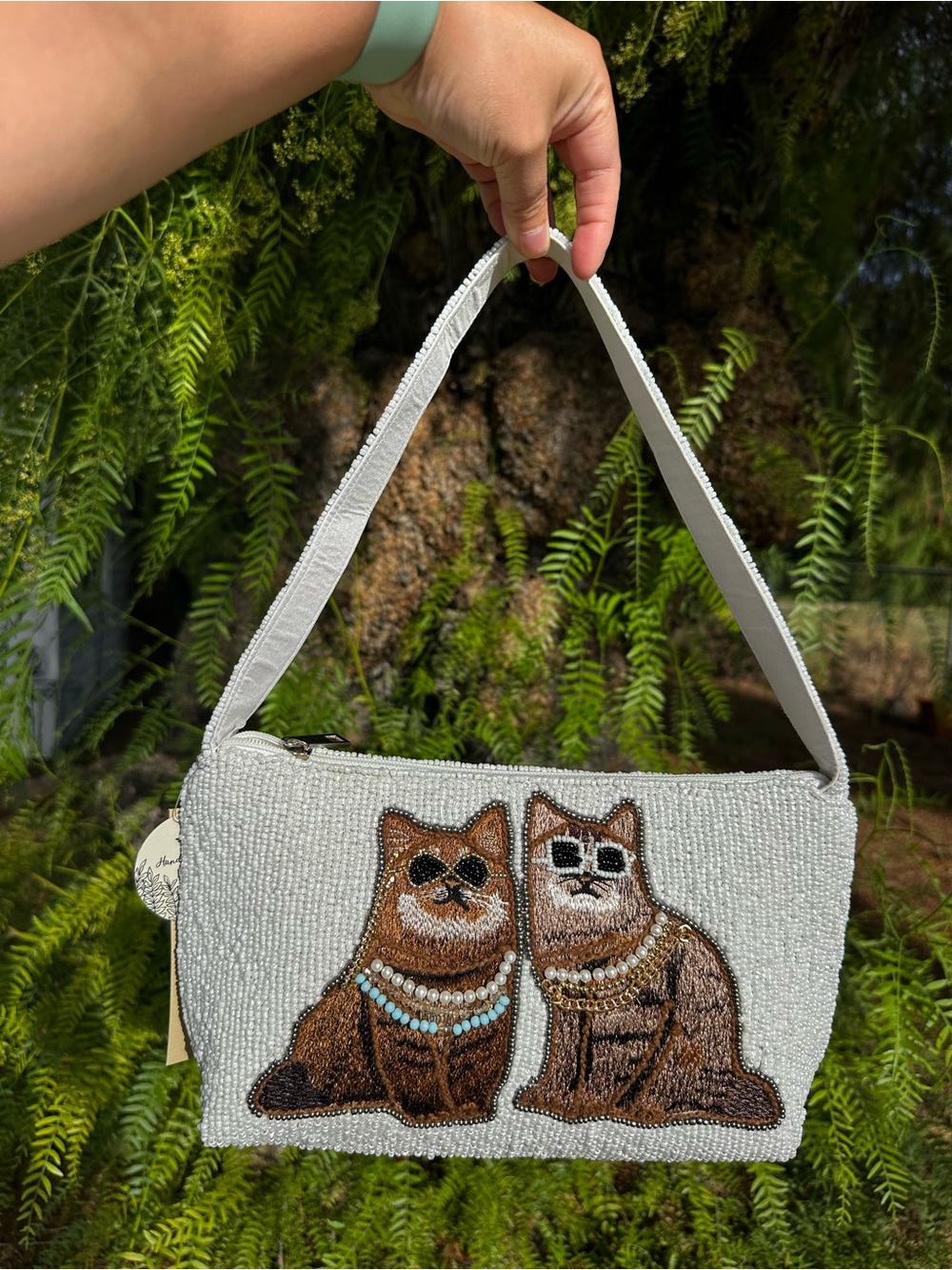 Beaded Cat Couple Embroidered Shoulder Purse Bag NWT